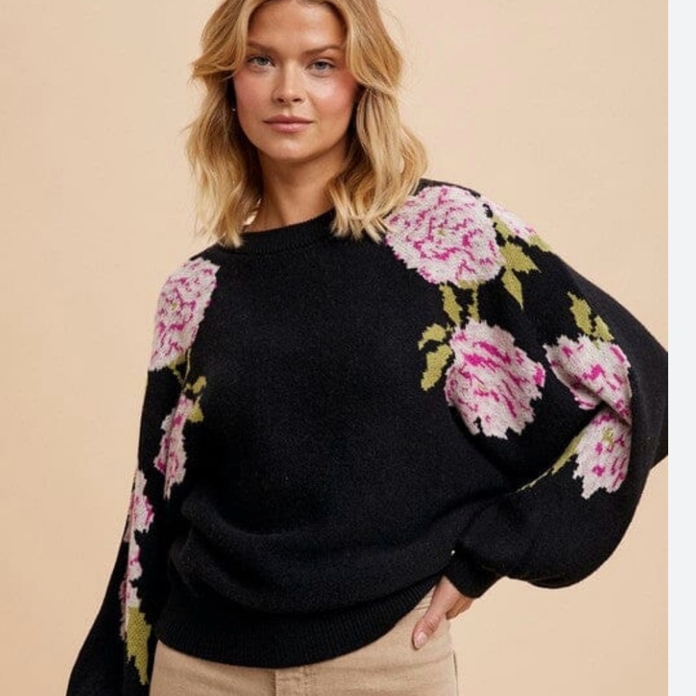 In Loom Floral Jacquard
Sweater Black Sweater with Pink Floral Design size S NWT